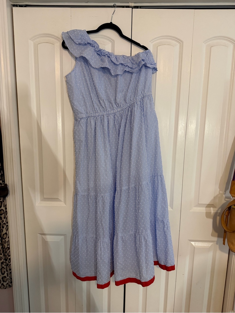 Chico’s One-Shoulder Blue and White Striped Ruffle Dress with Red Hem